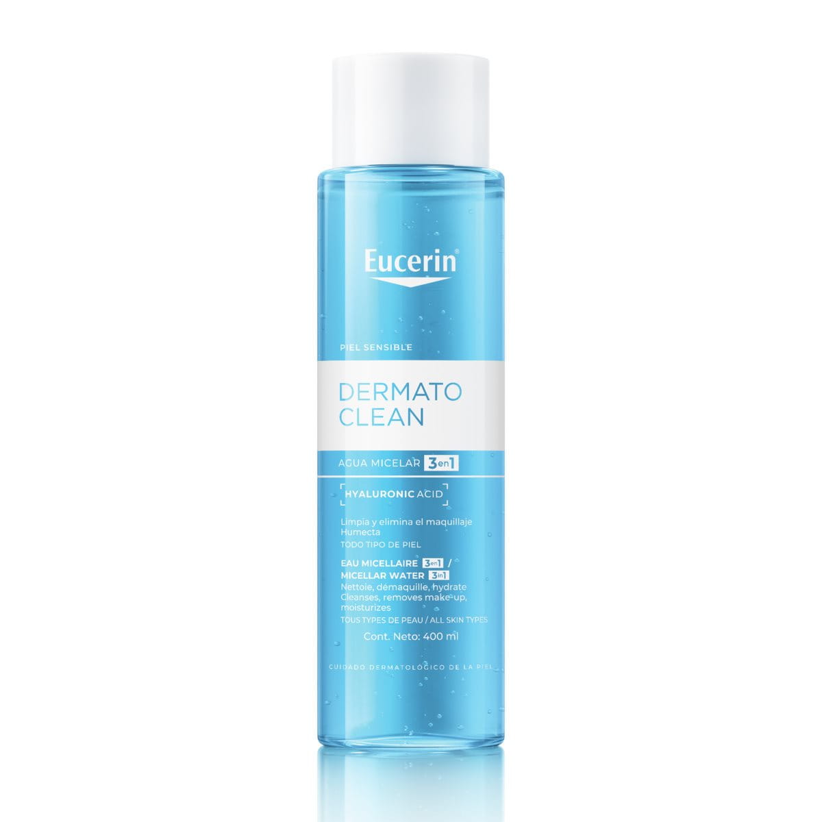 Eucerin DermatoCLEAN Lotion Micellaire 3-en-1, visuel relevé sur la page fabricant