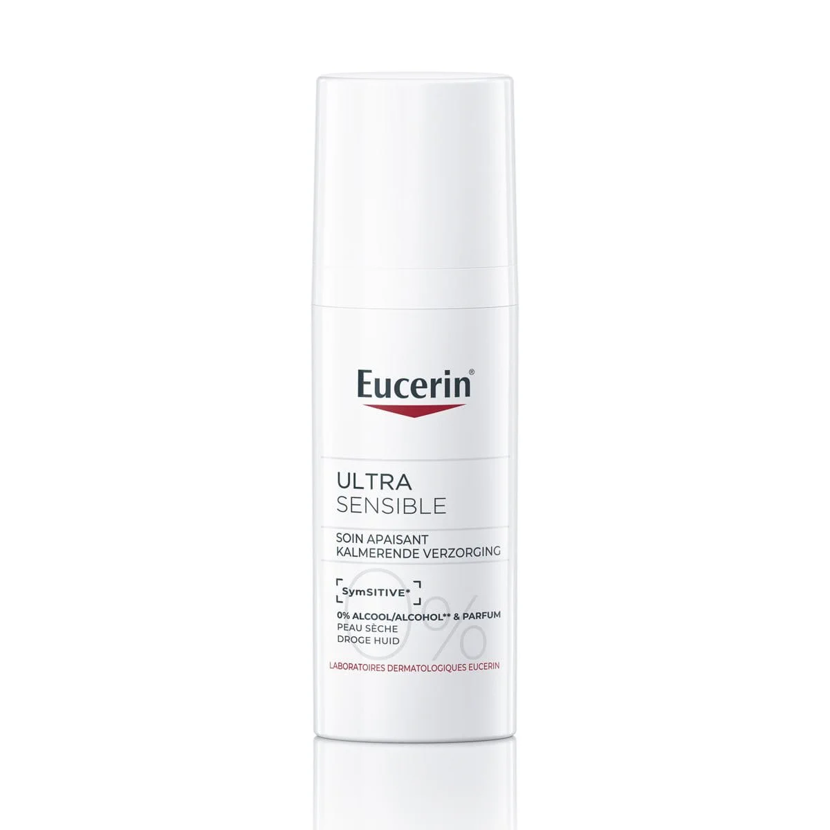 Eucerin UltraSENSITIVE Soin Apaisant Peau Sèche, visuel relevé sur la page fabricant