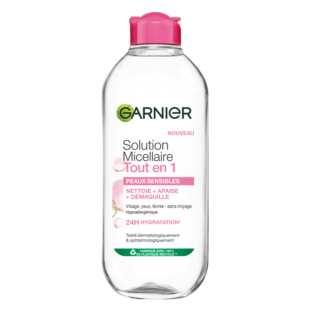 Garnier Solution Micellaire Tout-en-1 Peaux Sensibles, visuel relevé sur la page fabricant