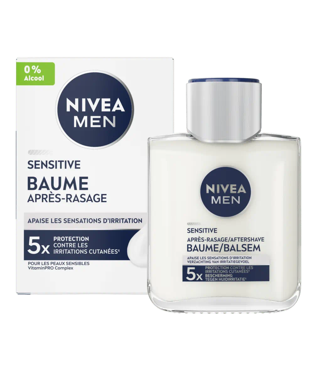 Nivea Baume Après-Rasage Homme Peau Sensible 24 h, visuel relevé sur la page fabricant