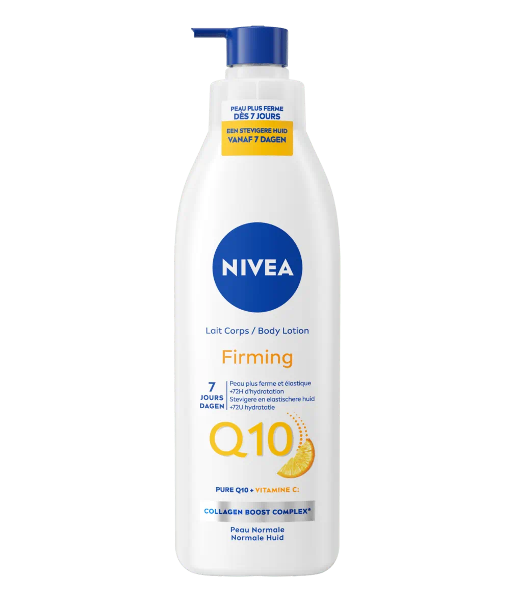 Nivea Lait Corps Fermeté Q10 + Vitamine C, visuel relevé sur la page fabricant