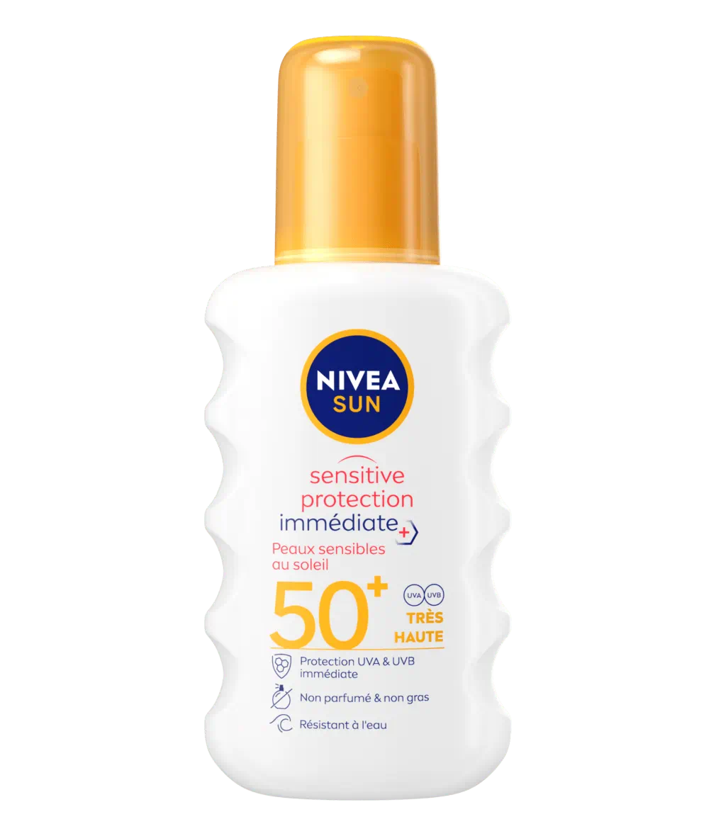 Nivea Spray Solaire Sensitive Protection Immédiate FPS 50+, visuel relevé sur la page fabricant