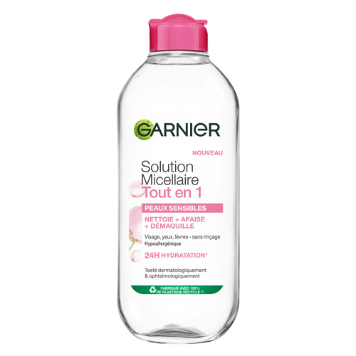 Flacon de Garnier Solution Micellaire Tout-en-1 Peaux Sensibles présenté sur la page officielle française
